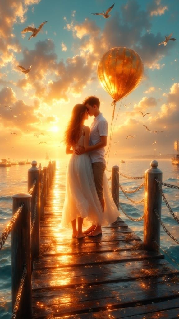 Romantic Sunset Embrace on Pier: Hyperrealistic Illustration