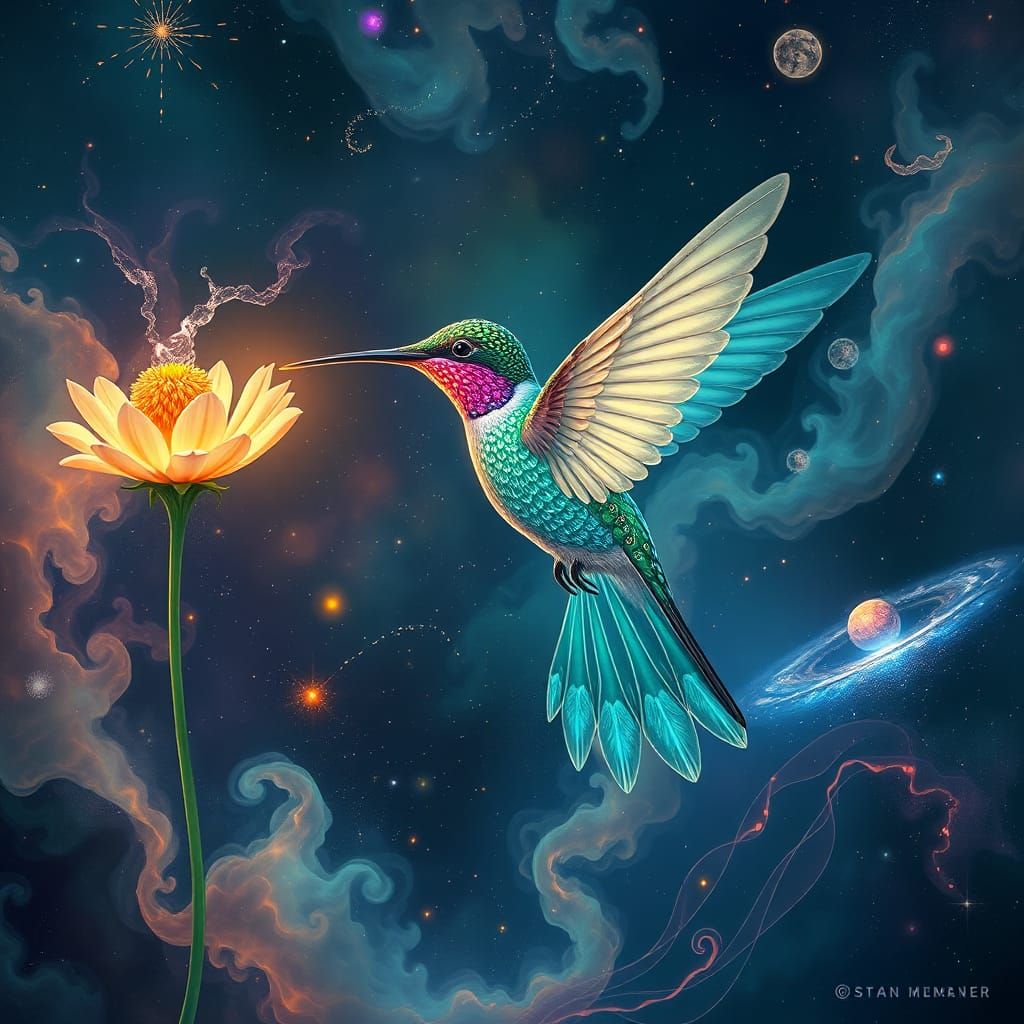 Bioluminescent Hummingbird Sipping Nectar in Cosmic Nebula