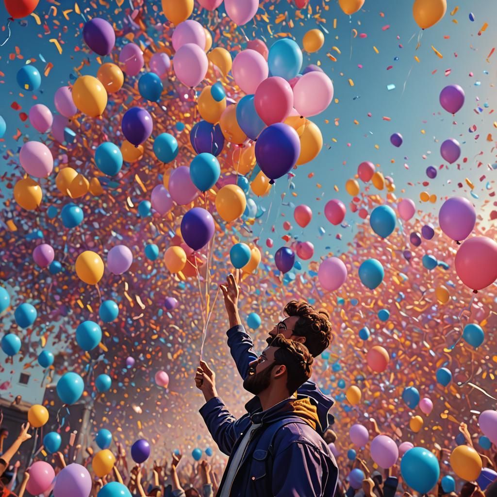 Man Celebrates Likes with Golden Balloons