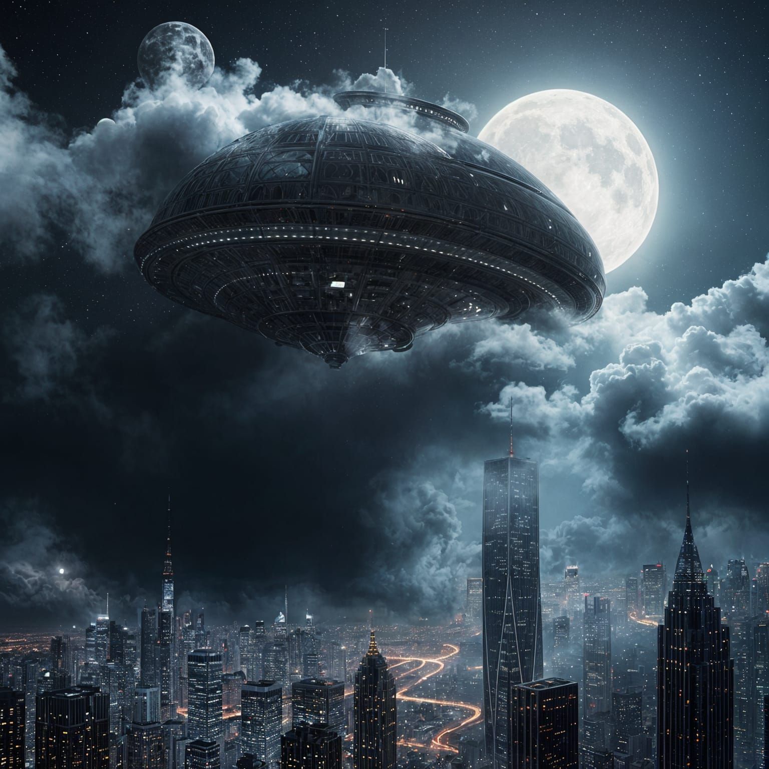 Metallic UFO Hovers Over Metropolis at Night