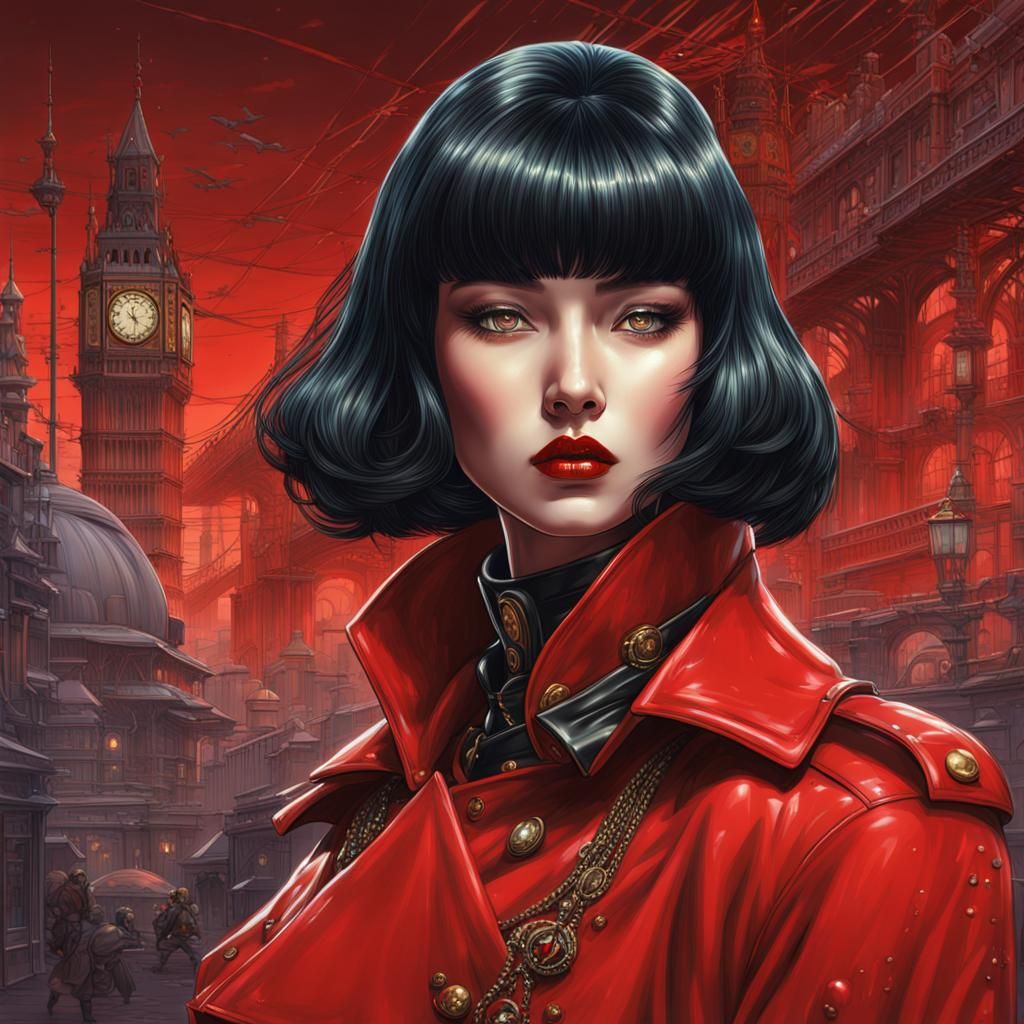 Gothic Woman in Red Coat: Digital Art Illustration