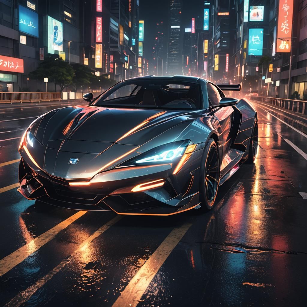 Neon Sports Car on Futuristic Highway in Anime Style