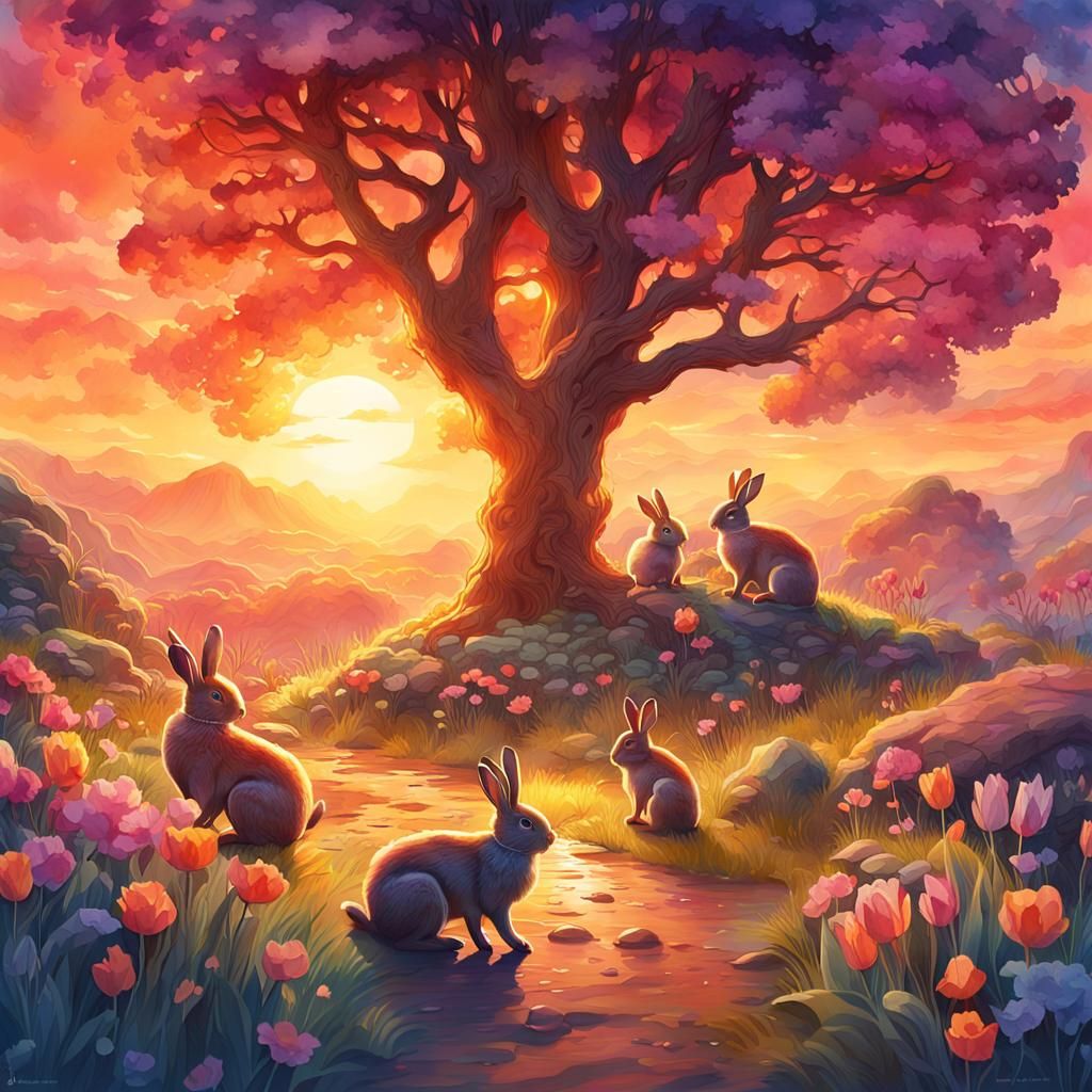 Spring Sunset with Hopping Rabbits in Digital Watercolor