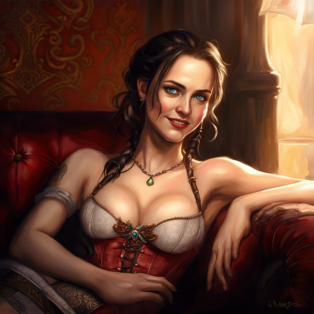 Pretty Woman on Red Couch in Victorian City