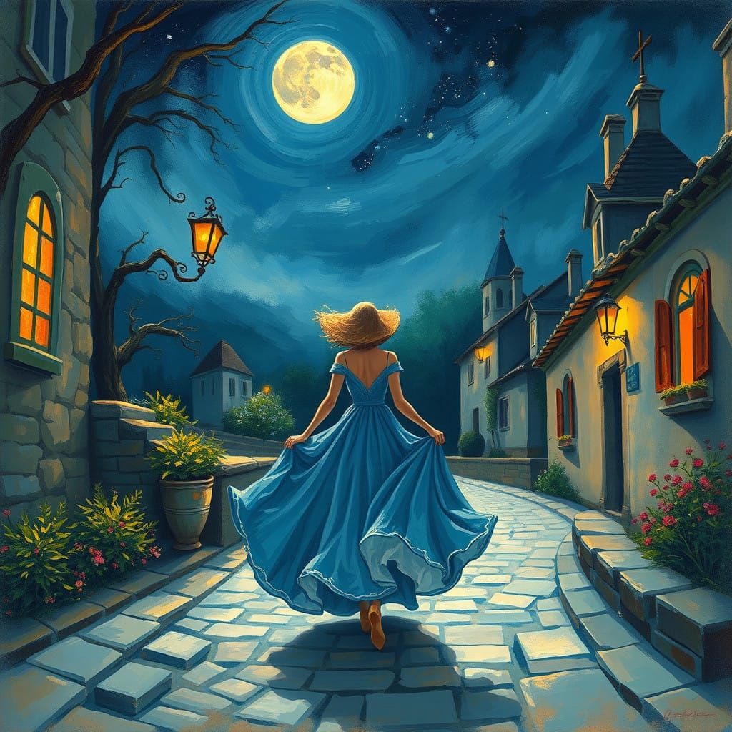 Woman in Whimsical Moonlit Street Scene with Impressionist F...