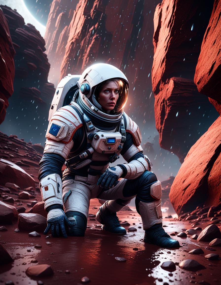 Scared Astronaut on Mars in Falling Rock Storm