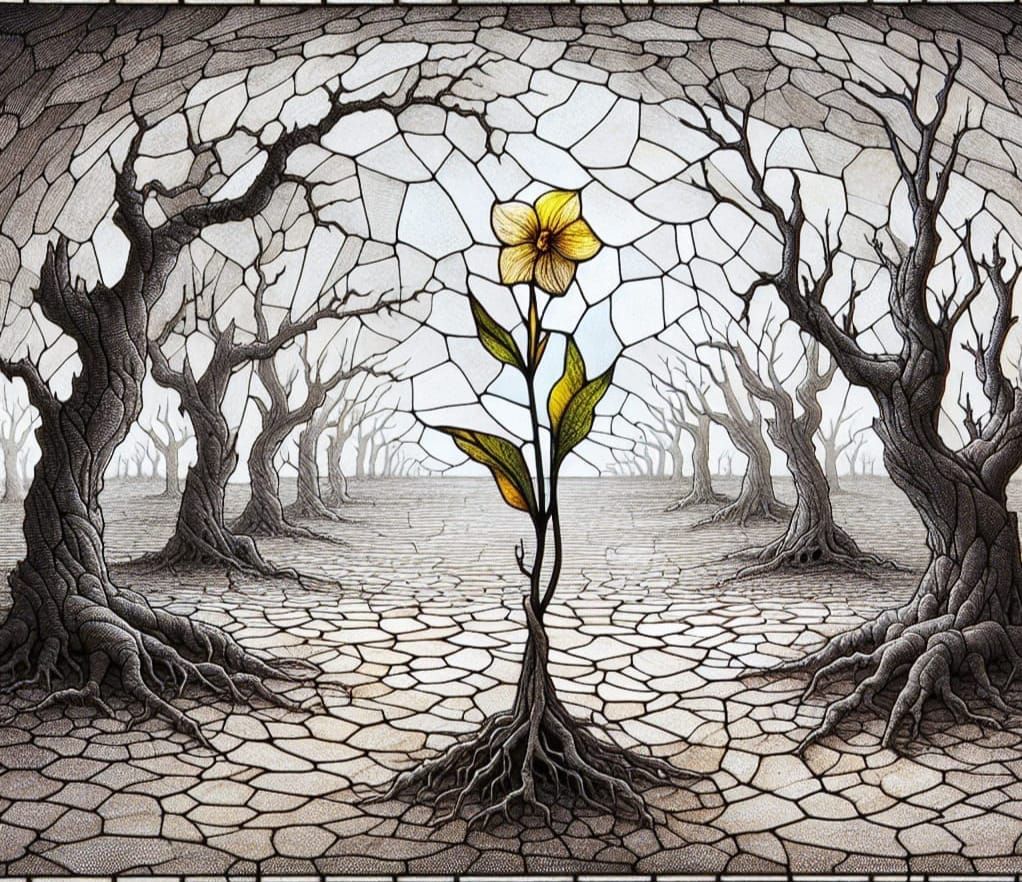 Resilient Flower in Gray Landscape with Stained Glass