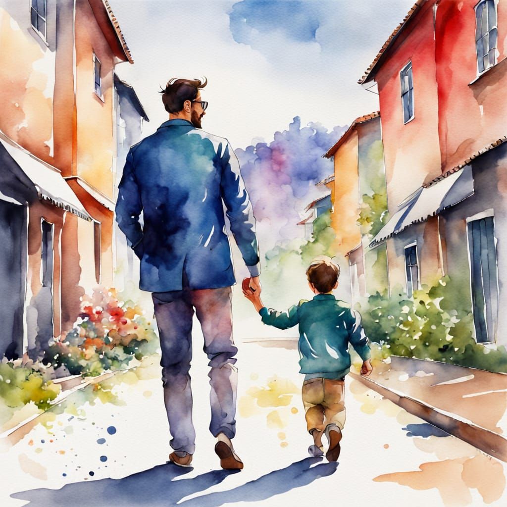 Father and Son Stroll on a Vibrant Street in Watercolor Styl...