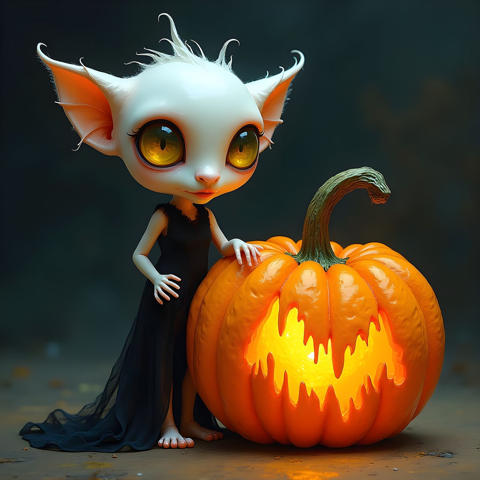 Whimsical Gothic Creature Beside Glowing Pumpkin