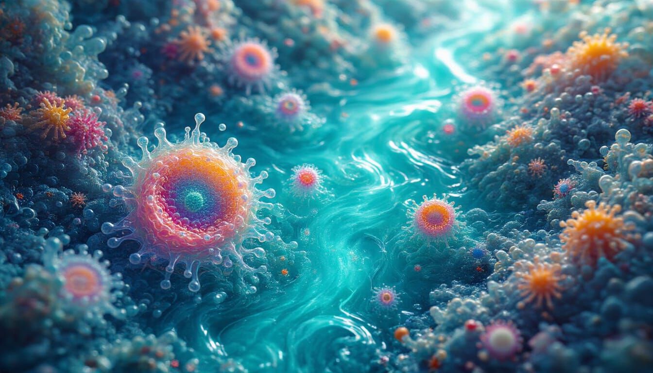 Hyperrealistic Microscopic Life in Turquoise Water