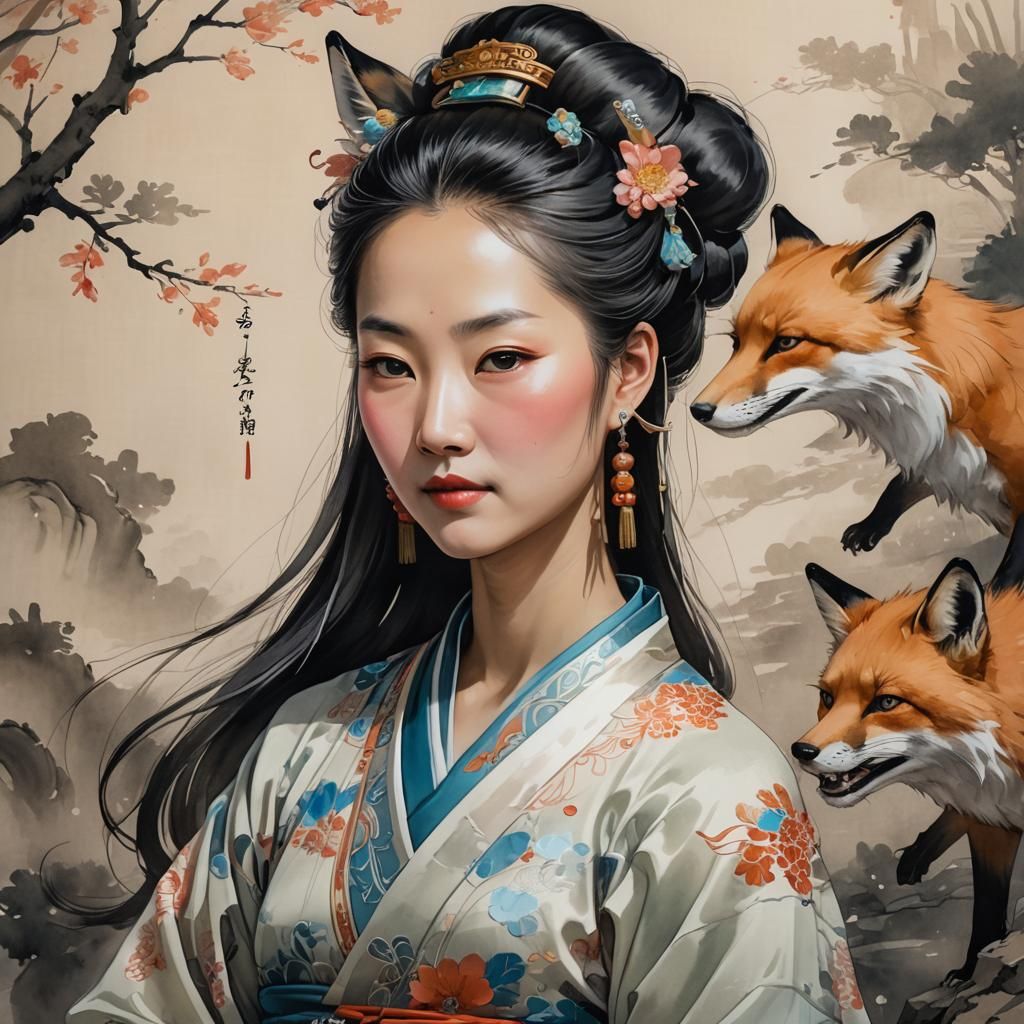 Chinese Woman Portrait in Anime Ink Style