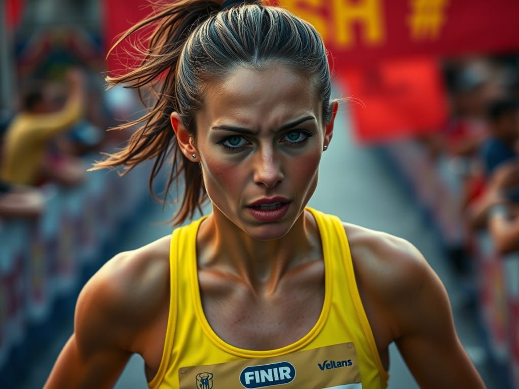 Determined Female Runner Approaches Finish Line