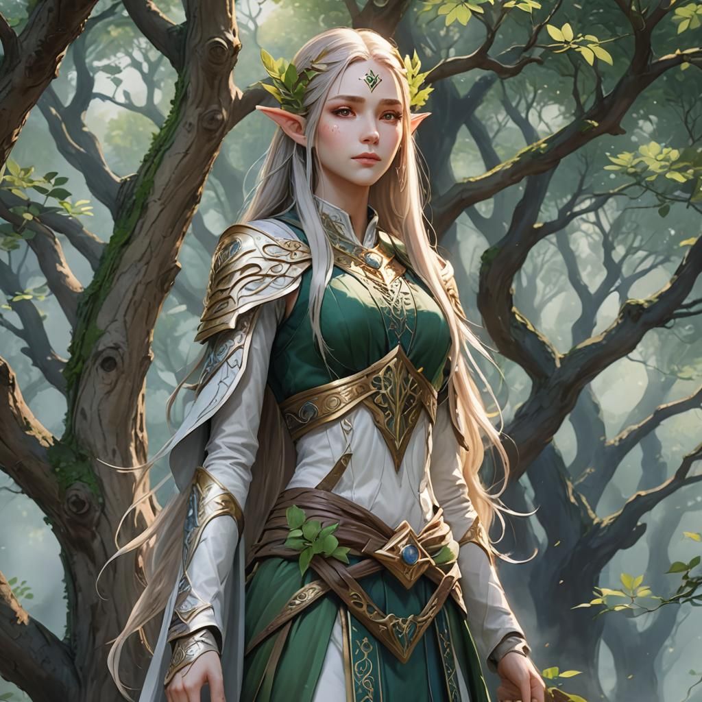 Elven Priestess Guards Sacred Tree in Watercolor Style