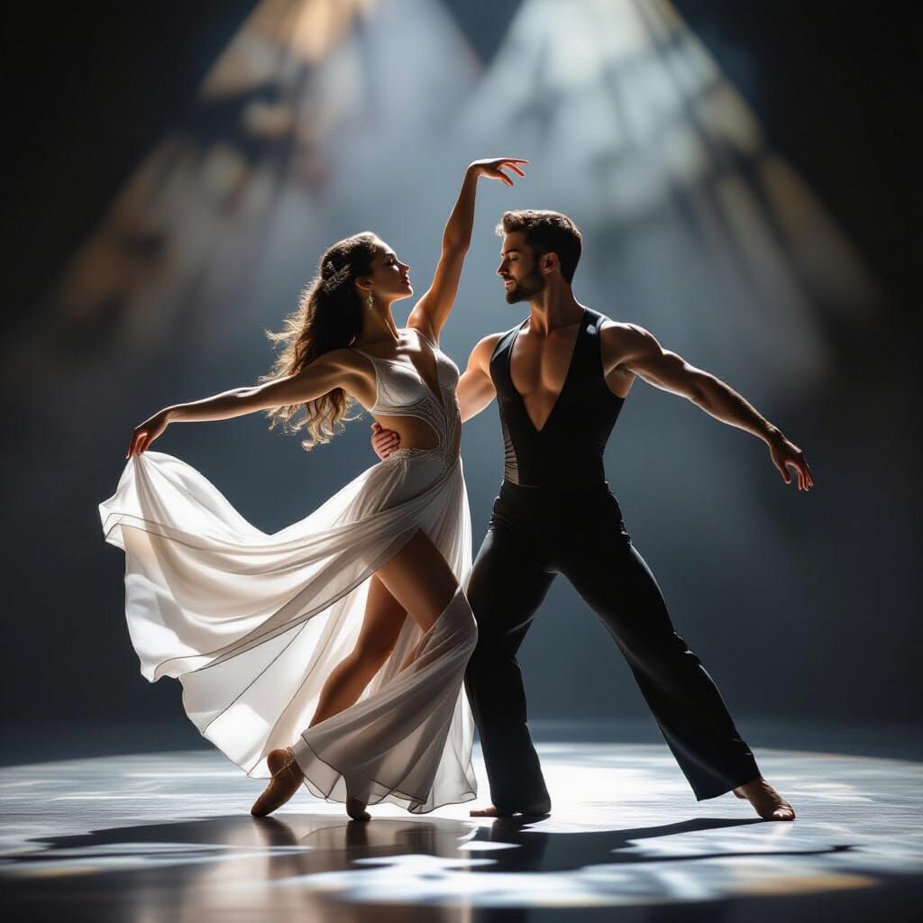 Graceful Dancers Radiate Passion on Softly Lit Stage