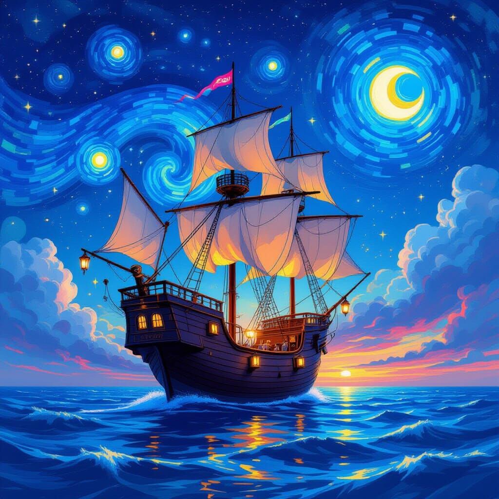 Fantasy Skyship Soaring Through Starry Night