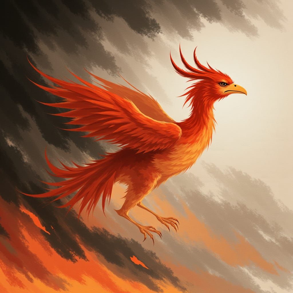 Phoenix Emerges from Flames in Oriental Art Style