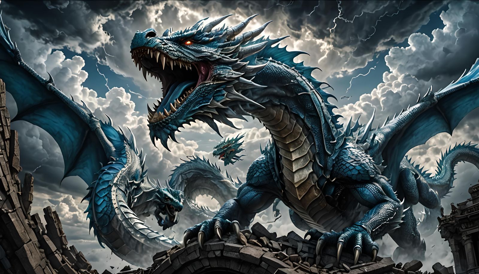 Blue and Silver Dragon Emerges from Vortex