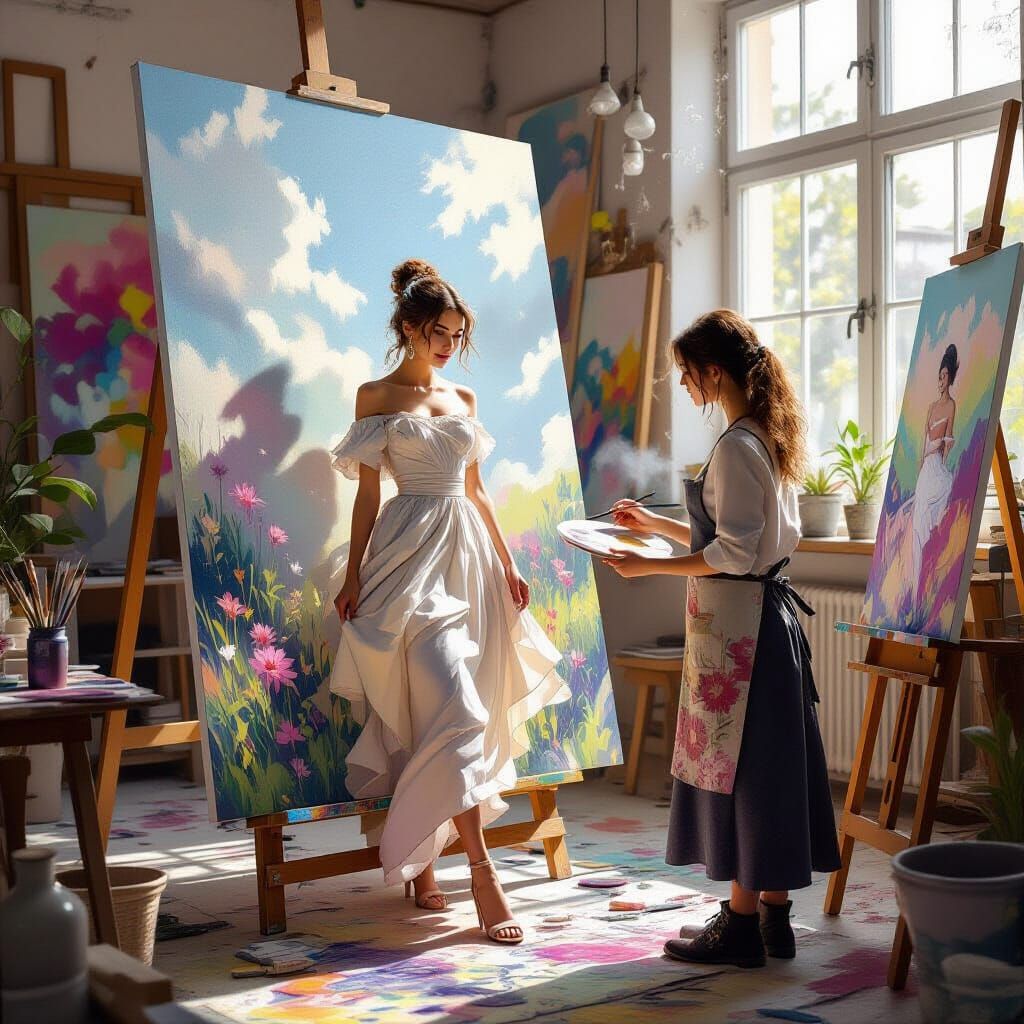 Hyperrealistic Woman Stepping Out of Art Canvas