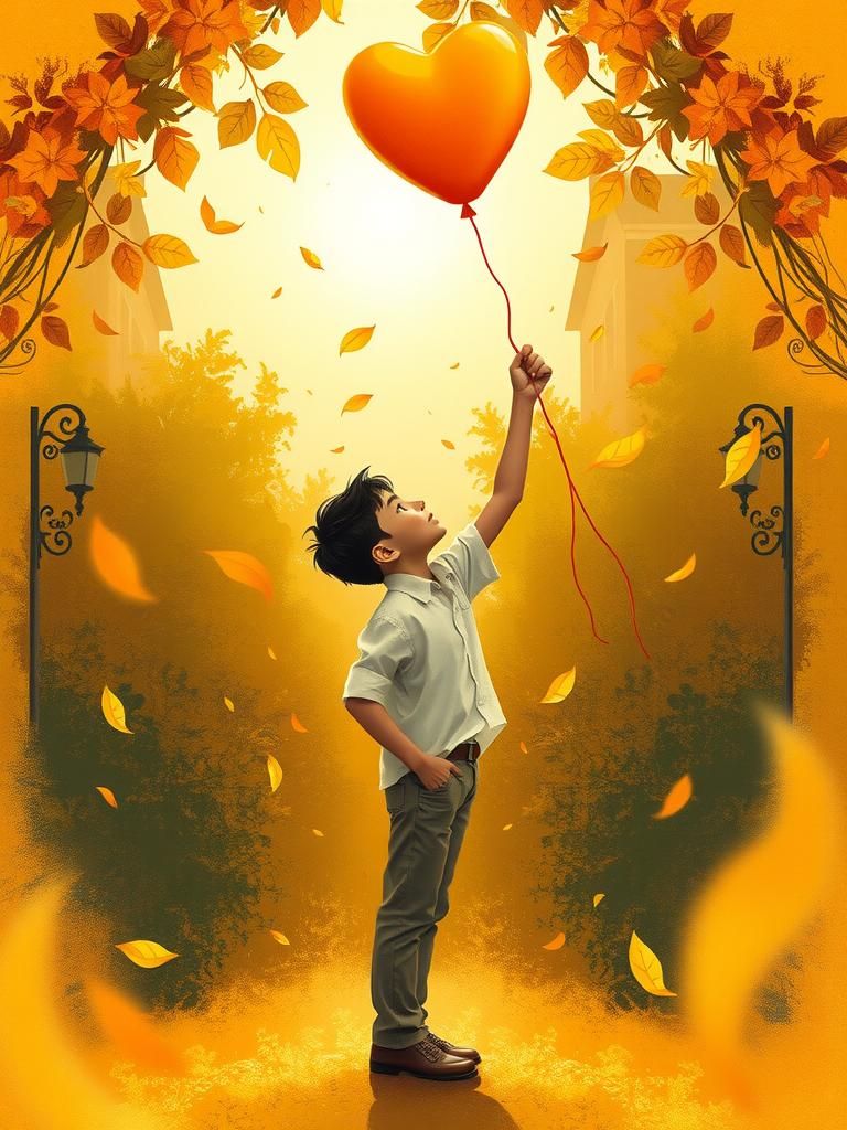 Boy with Heart Balloon in Dreamlike Surrealism