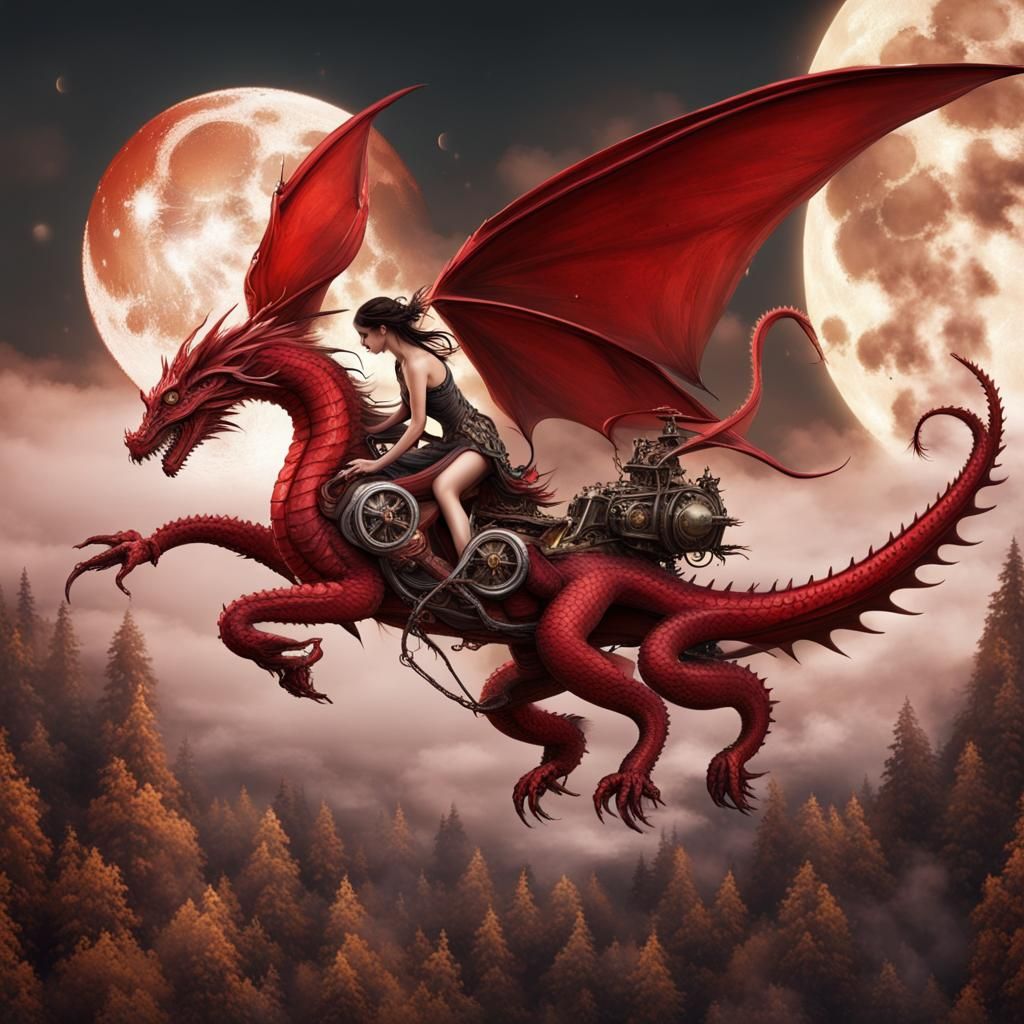 Fairy and Dragon Silhouette with Steampunk Engine