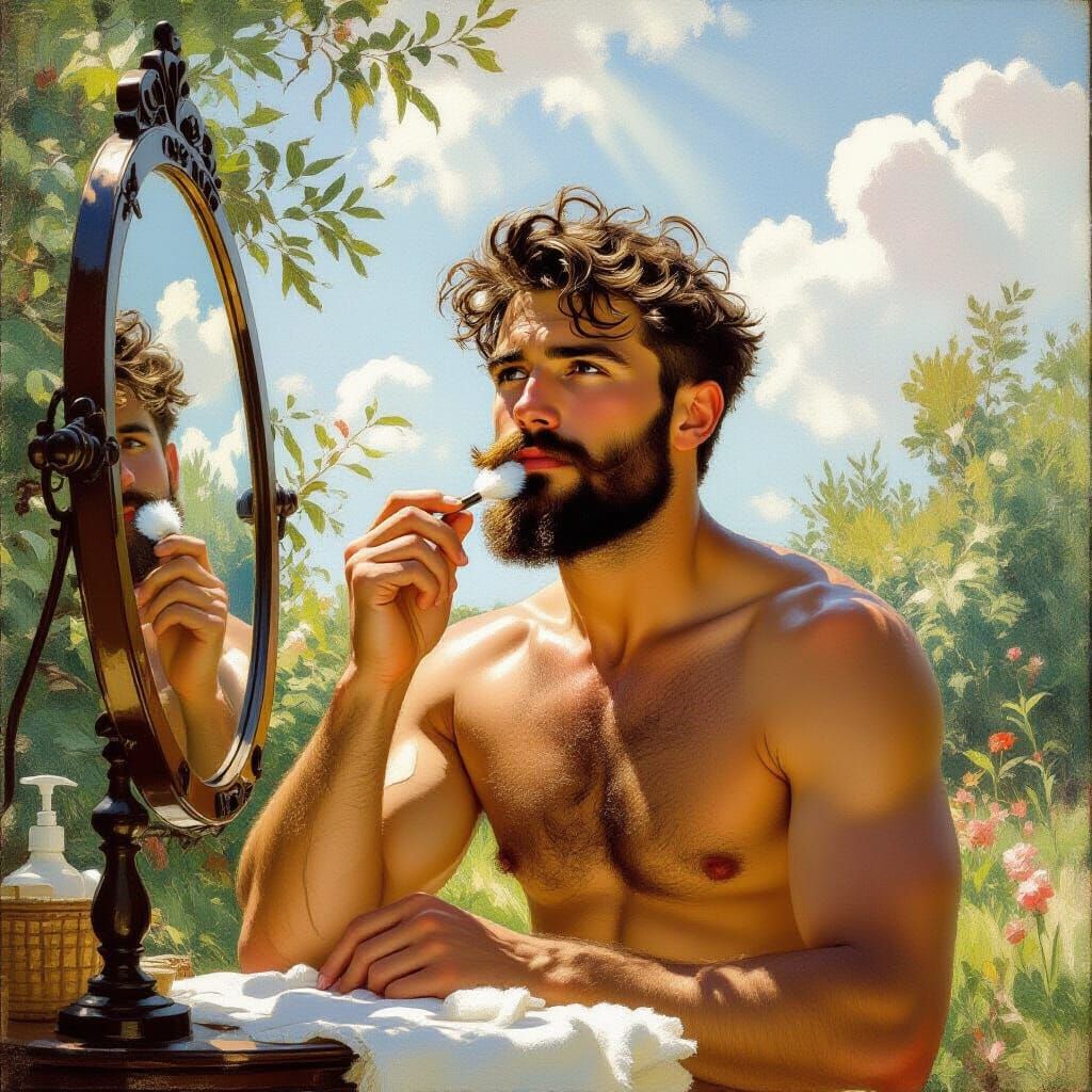 Man Shaving Outdoors in Impressionist Style