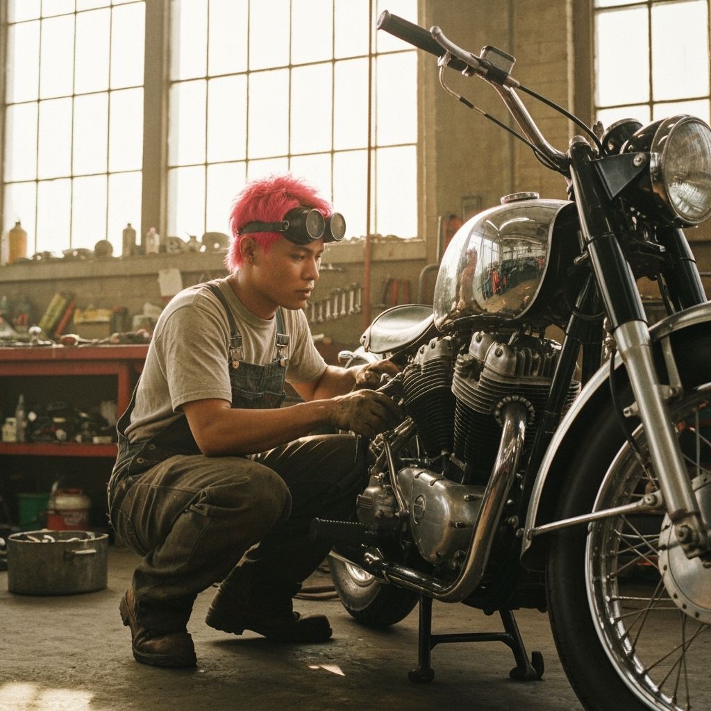 Mechanic Inspects Chrome Motorcycle in Workshop