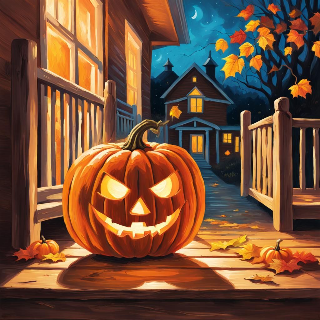 Glowing Jack-o-Lantern on Autumn Porch in Oil Painting Style