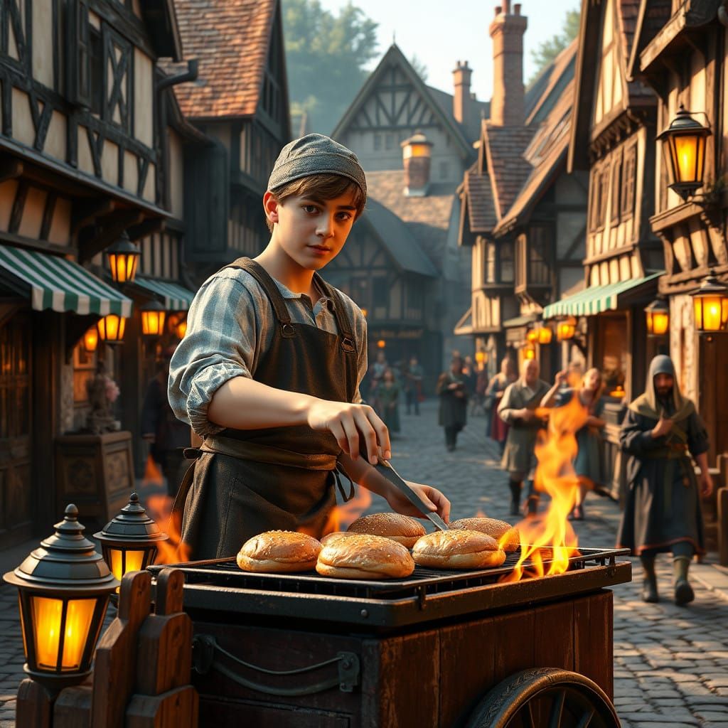 Medieval Burger Boy in Vibrant Village Scene