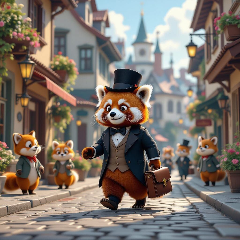 Red Panda Commuter in Whimsical Animal City