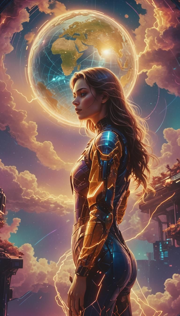 Woman Hugging Earth in Synthwave Neon Style