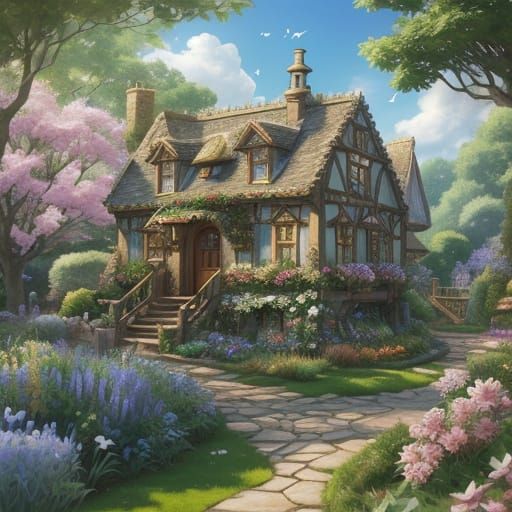 Magical Garden With Tiny Castle in Watercolor Style