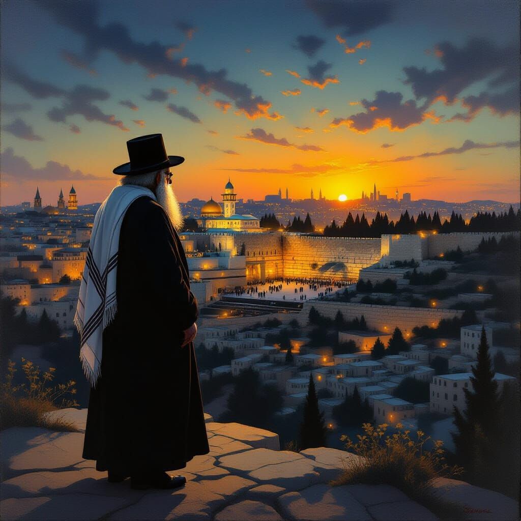 Orthodox Jew Overlooking Jerusalem as Oil Painting