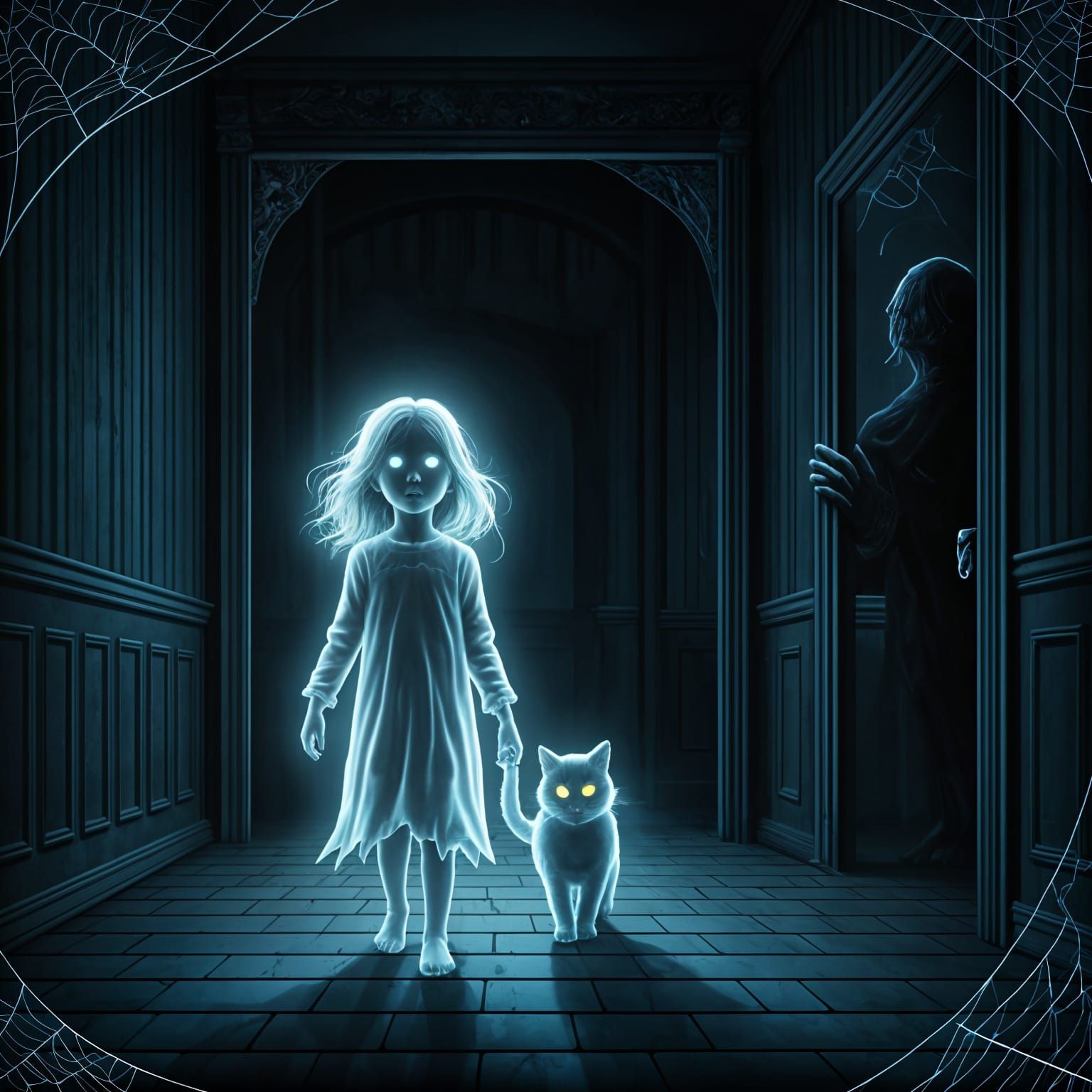 Ghost Child and Cat Explore Haunted House
