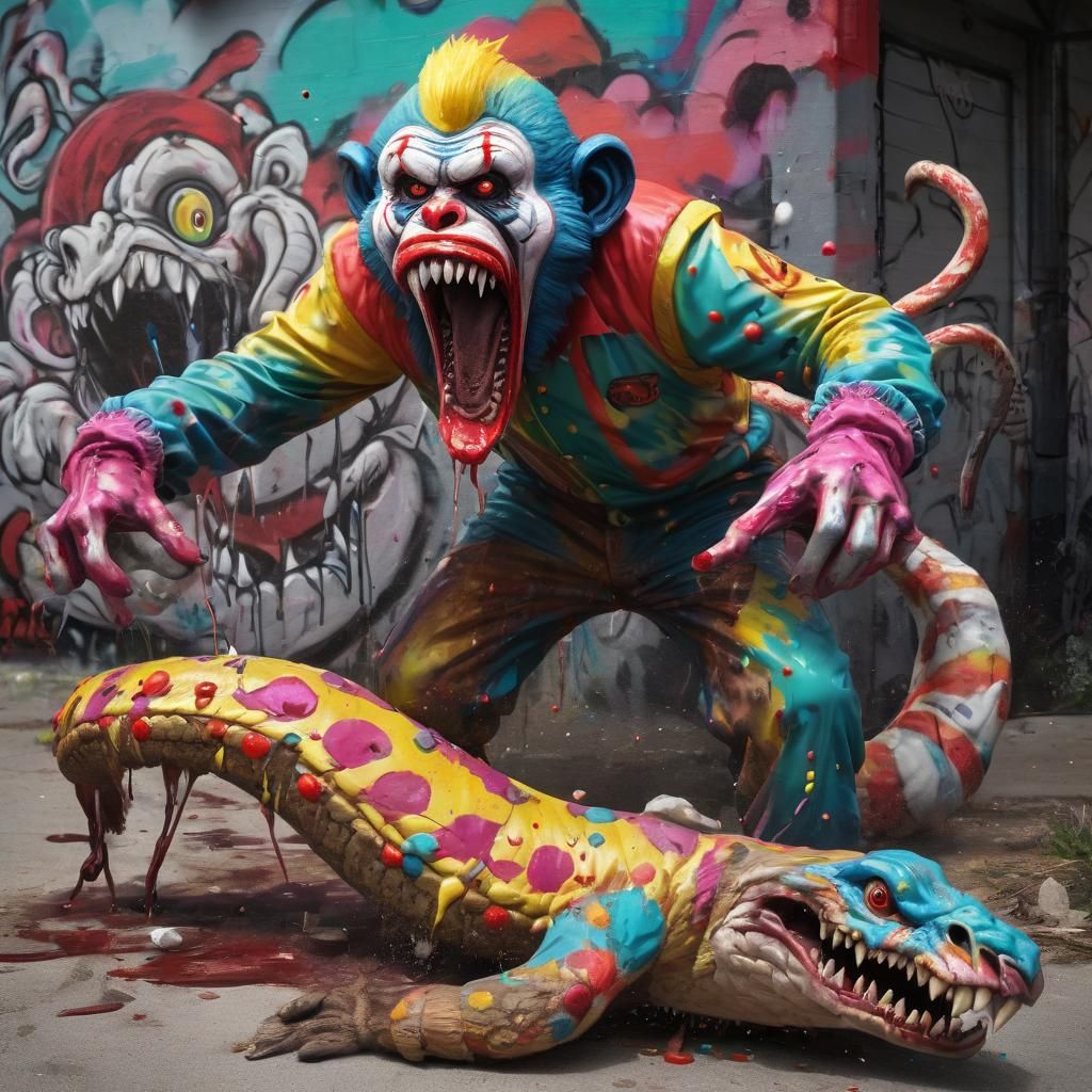 Zombie Clown Monkey Versus Rattlesnake in Graffiti Style