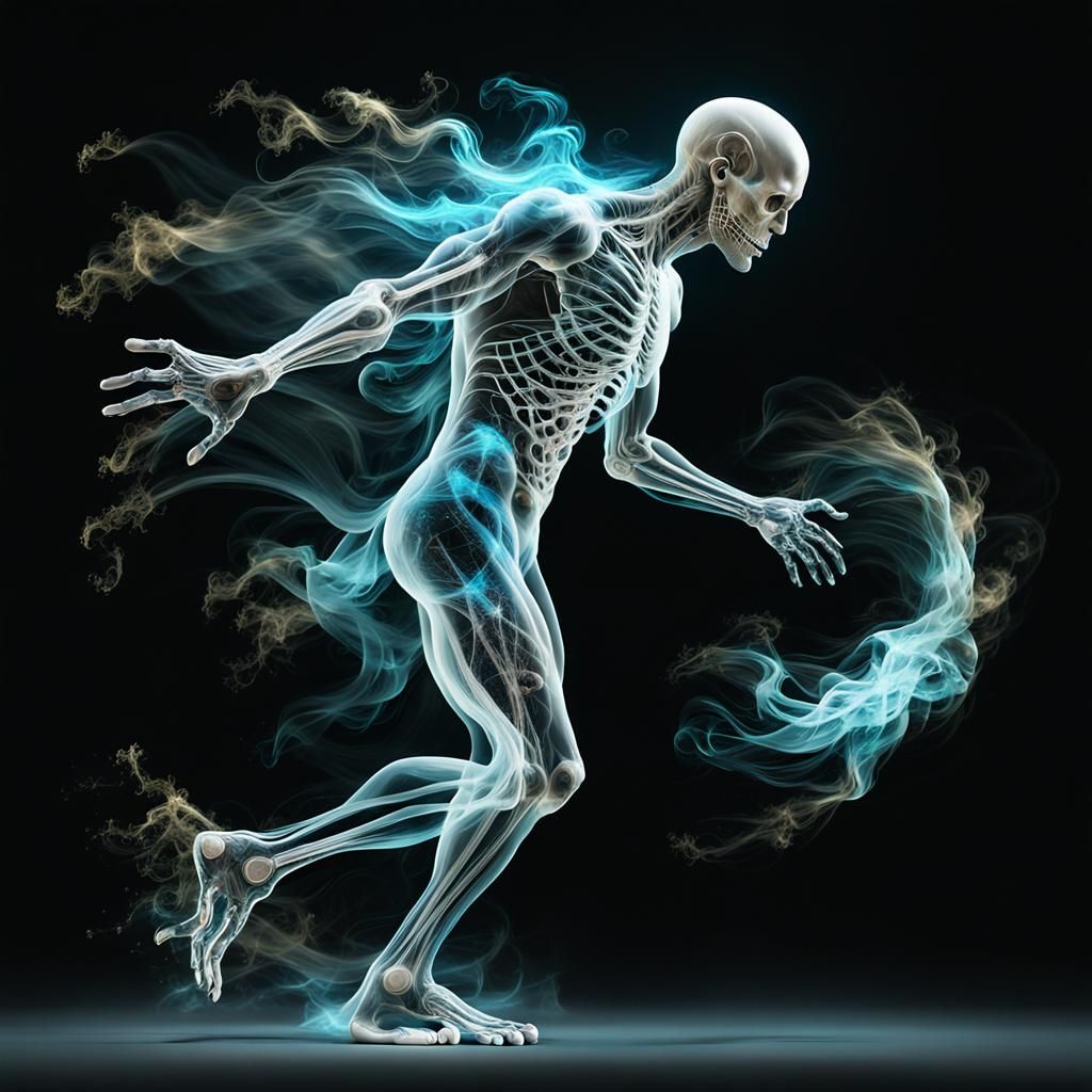 Bioluminescent Figure Disintegrating into Starlight