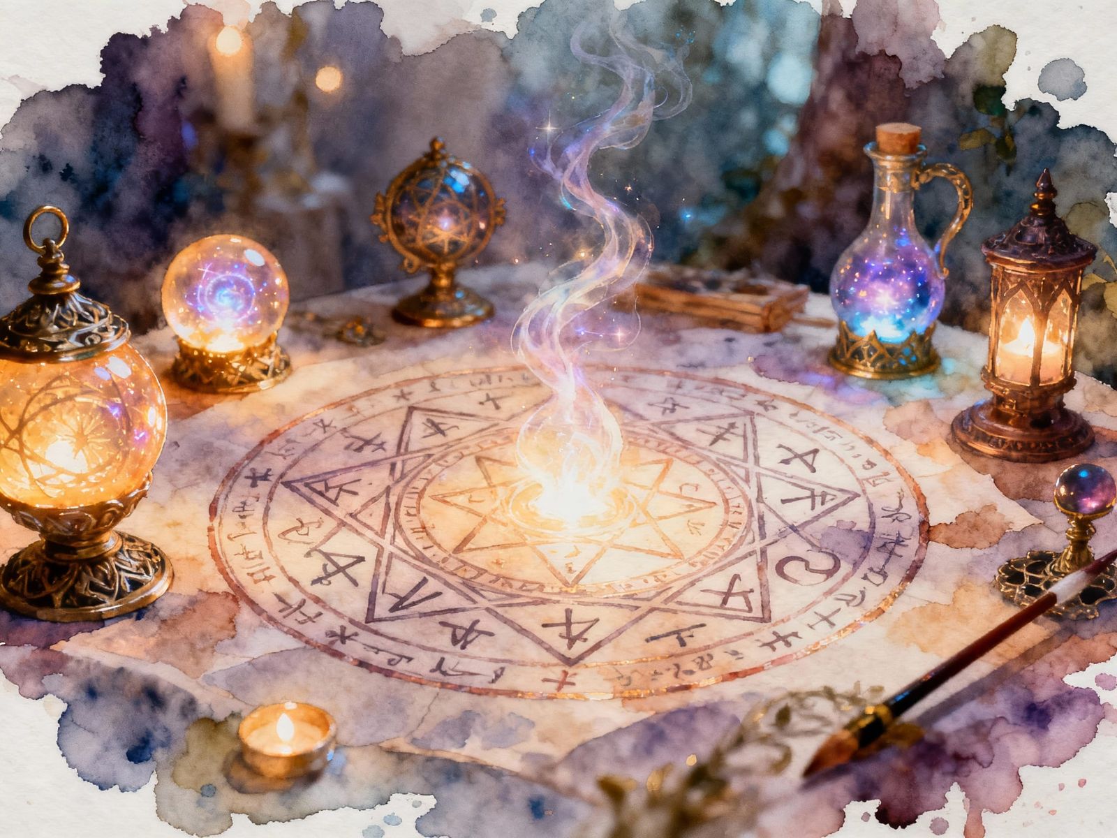 Mystical Magic Ritual with Glowing Runes in Watercolour Styl...