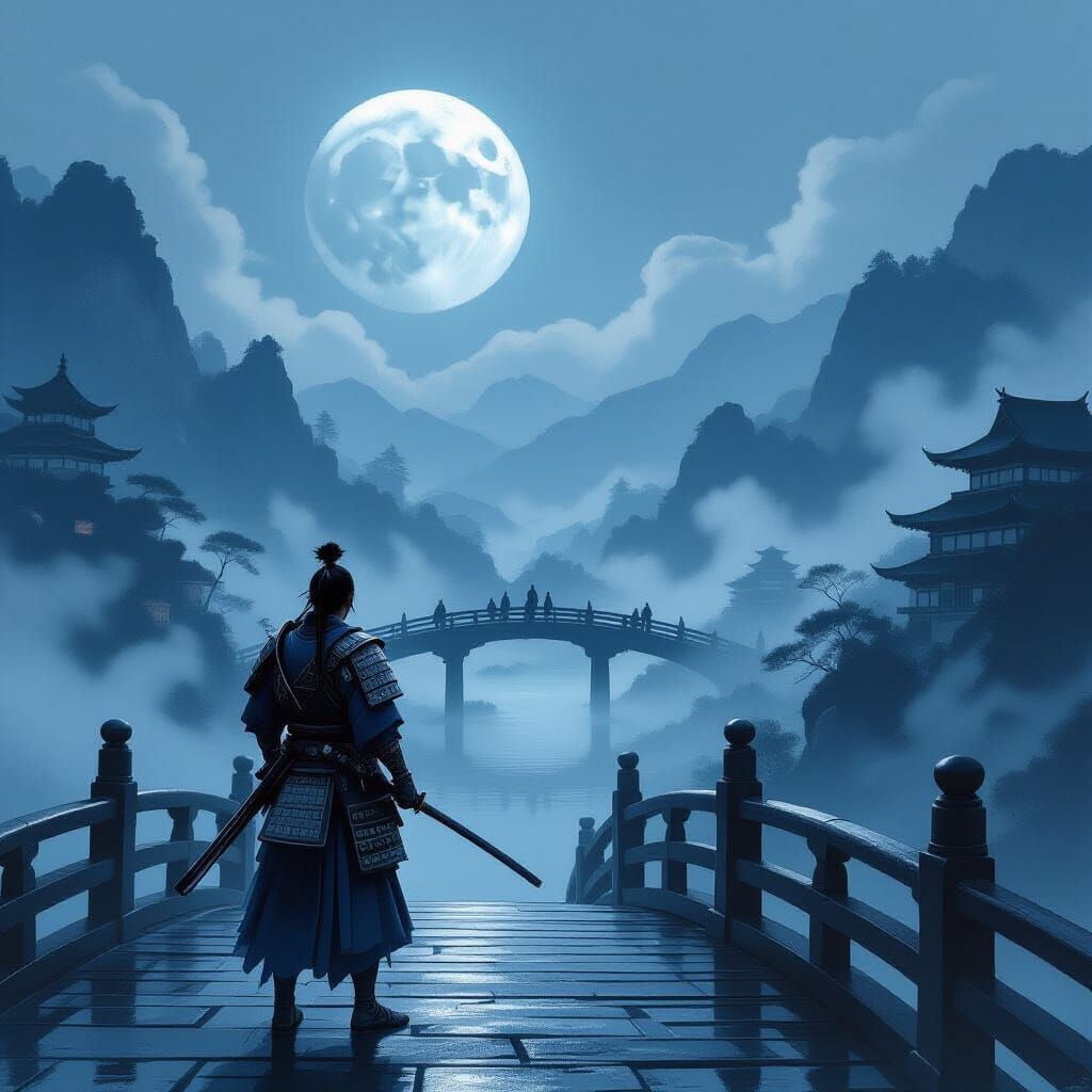 Samurai on Ancient Bridge in Dreamlike Landscape