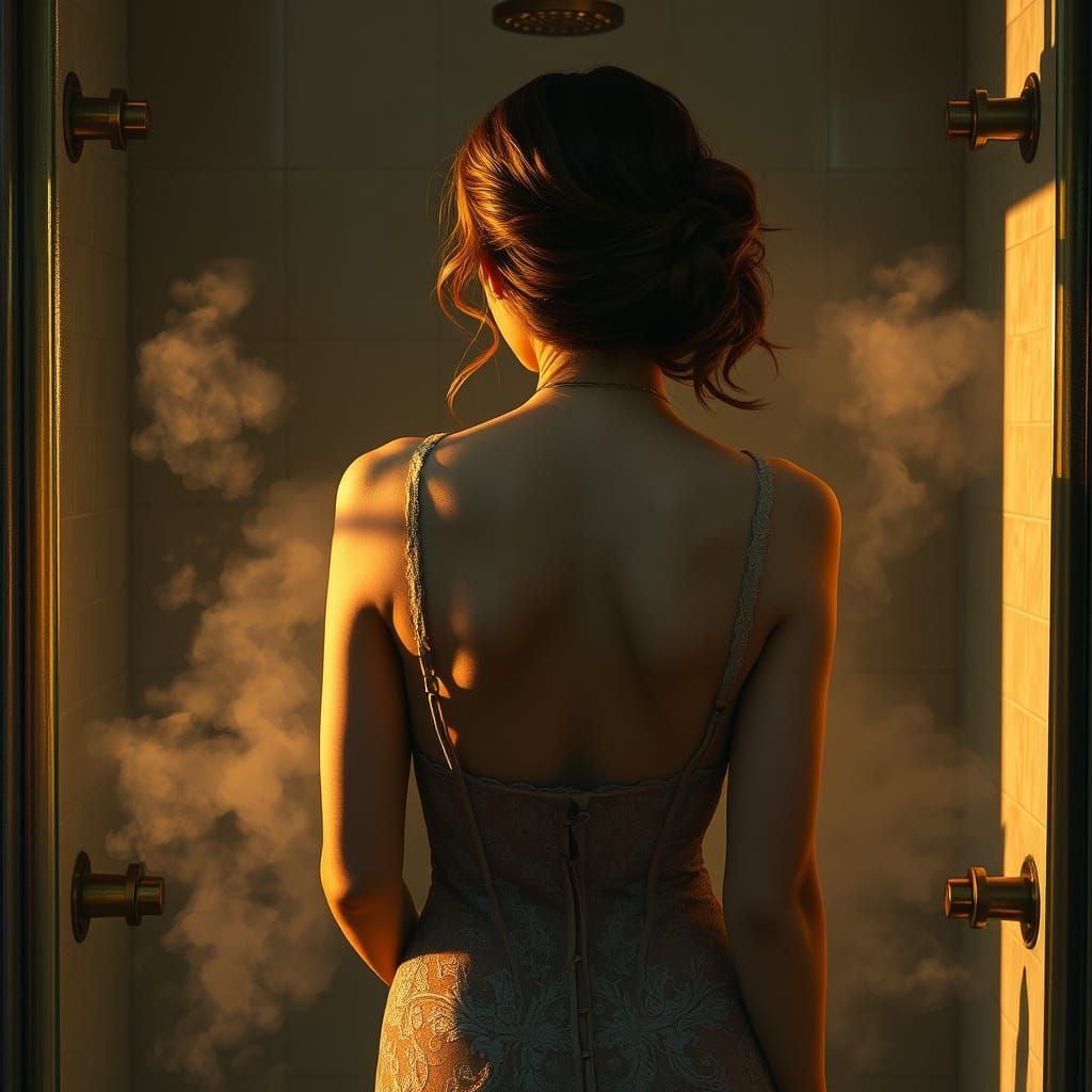 Woman in Lace Chemise in Steamy Shower