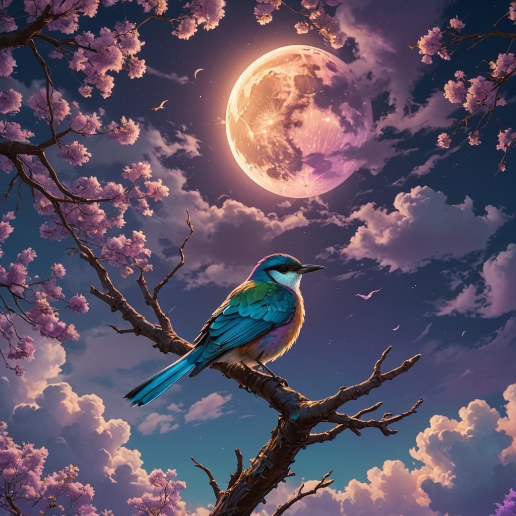 Colorful Bird Under Moon in Atmospheric Lighting
