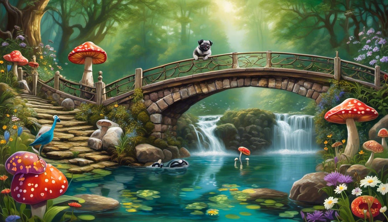 Pugs Playing in Fantasy Pond with Waterfall