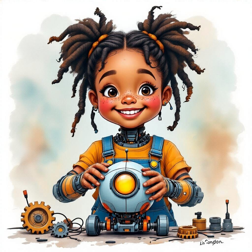 Girl Builds Robot Sommelier in Watercolor Style