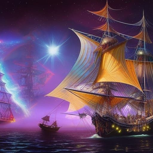 Enchanted Pirate Ship in Space with Butterfly Sails