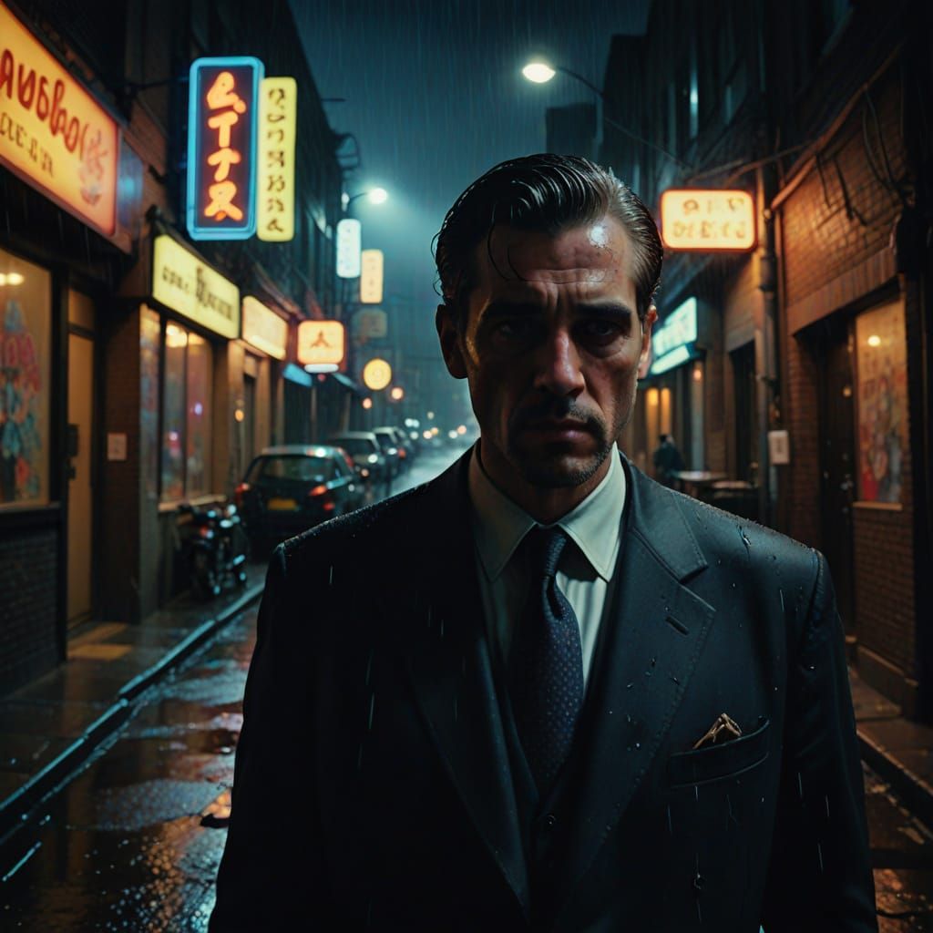 Gangster in Neon Alleyway Film Still