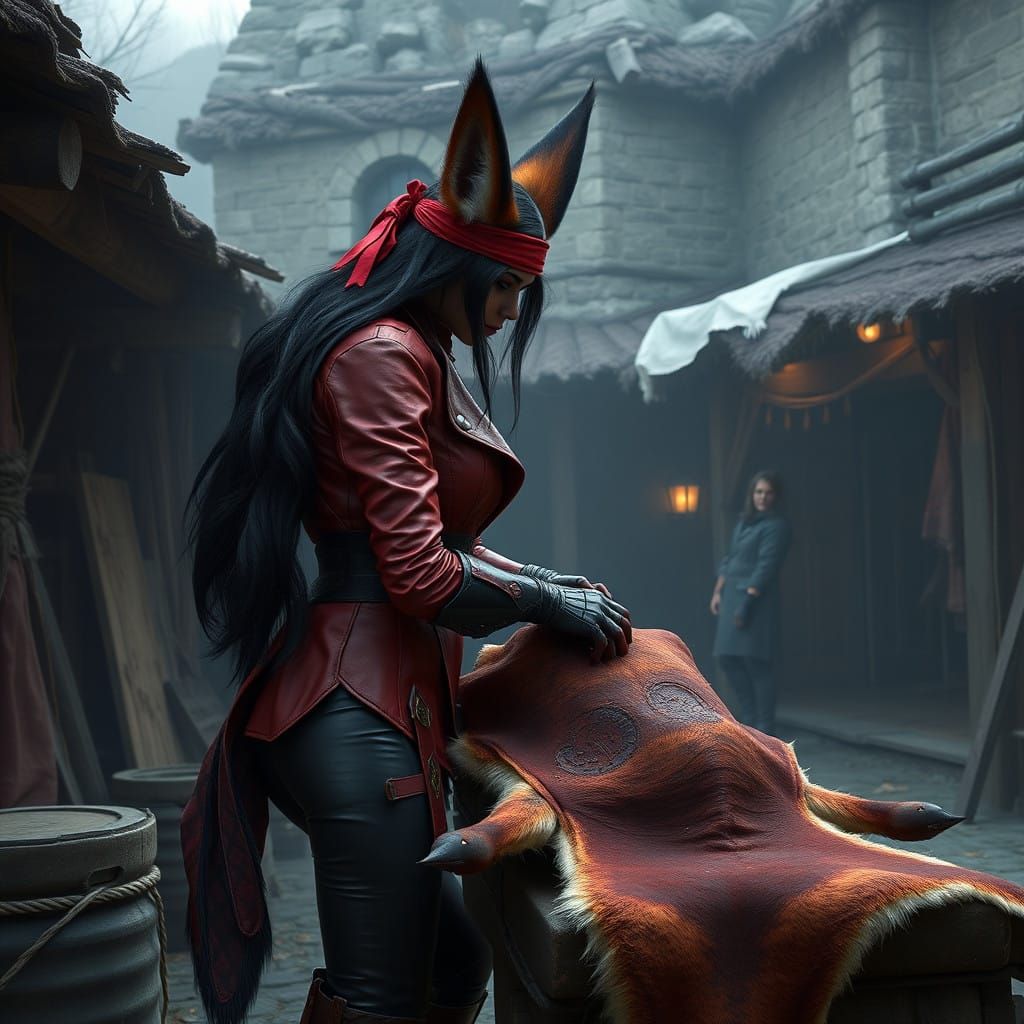 Goth Queen with Fennec Fox Ears in Tannery Setting