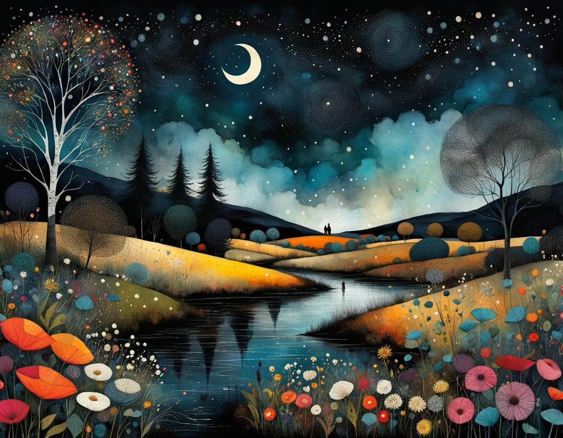 Whimsical Rendezvous Under Stars: Detailed Digital Illustrat...