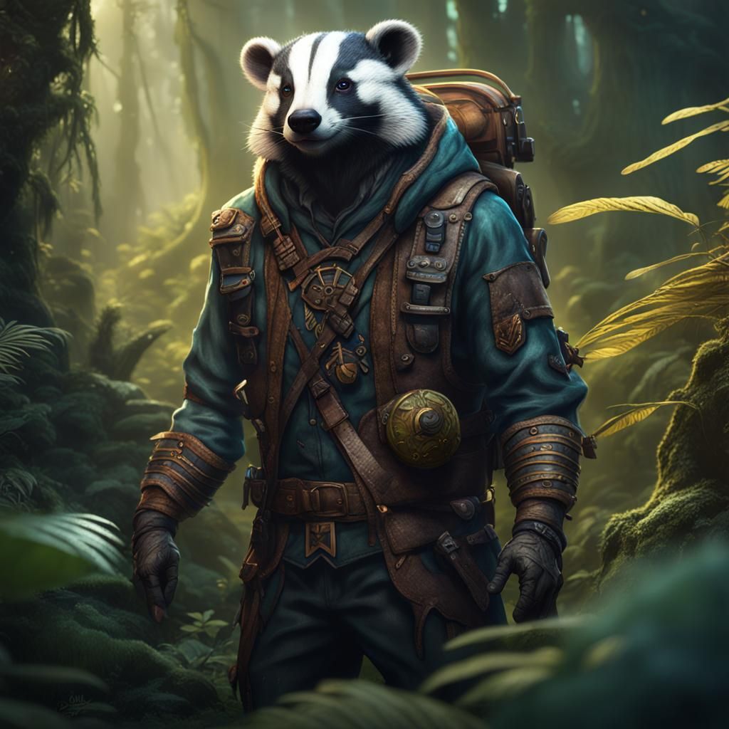 Badger Jungle Explorer in Detailed Fantasy Art