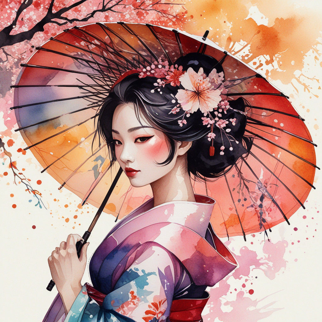 Geisha under Sakura's Morning Sun in Vibrant Watercolor Styl...