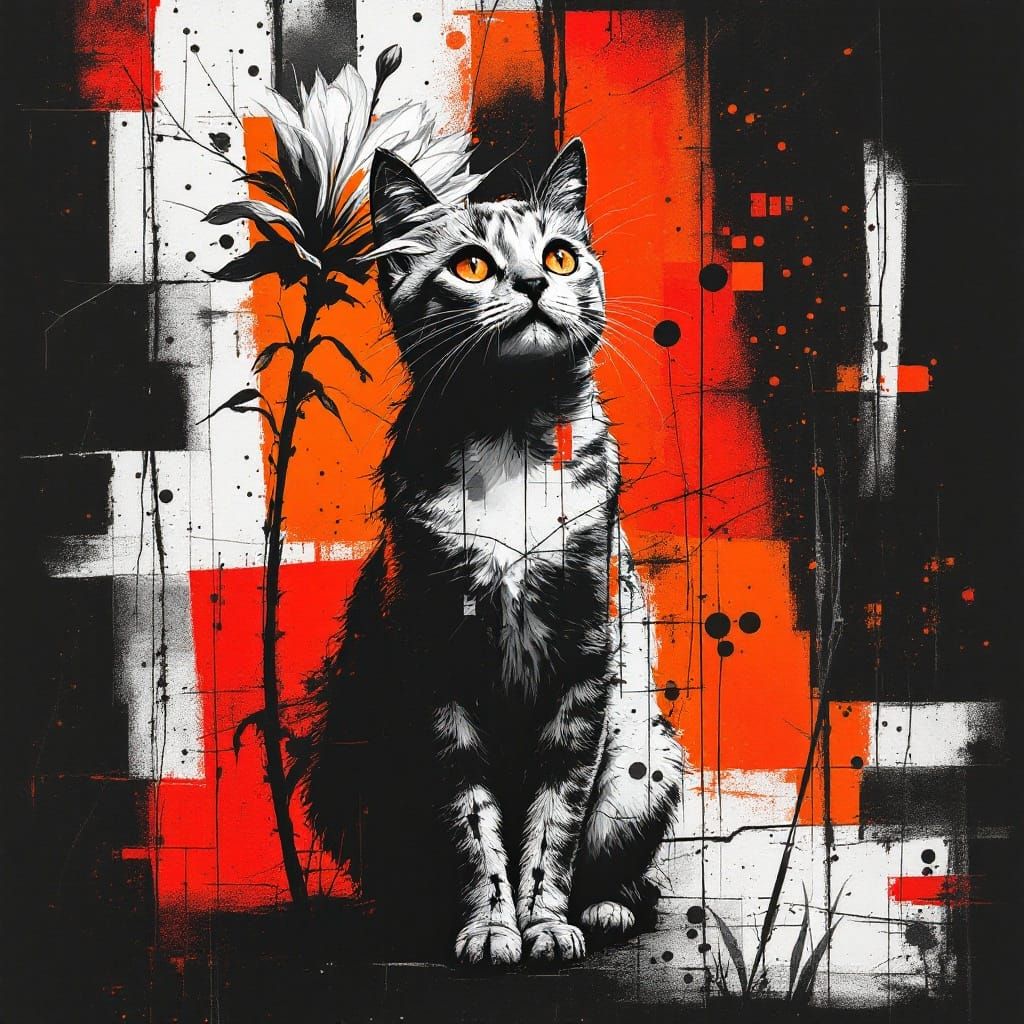 Abstract Expressionist Cat Portrait in High Contrast Black a...