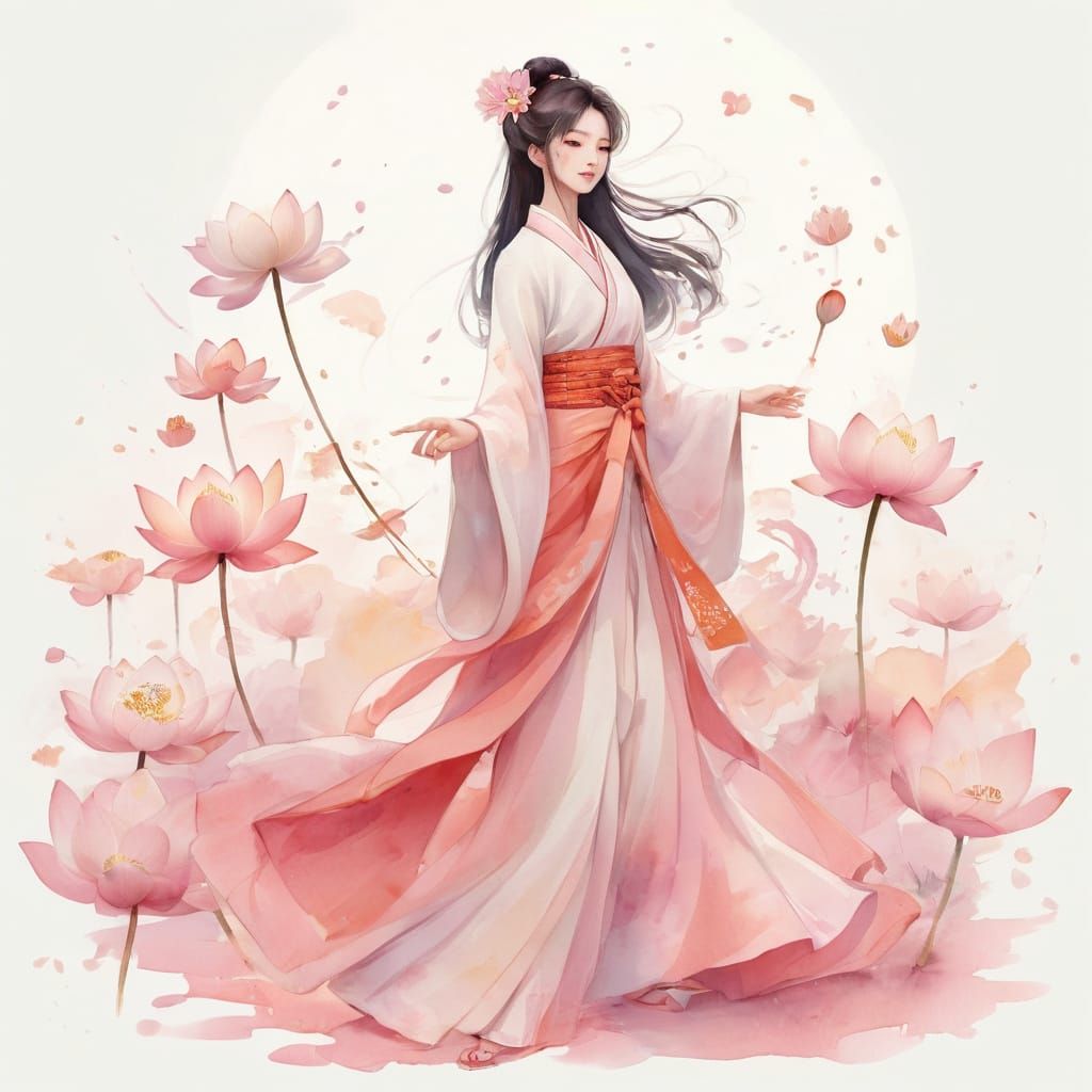 Anime Lady Dancing with Lotus Blossoms