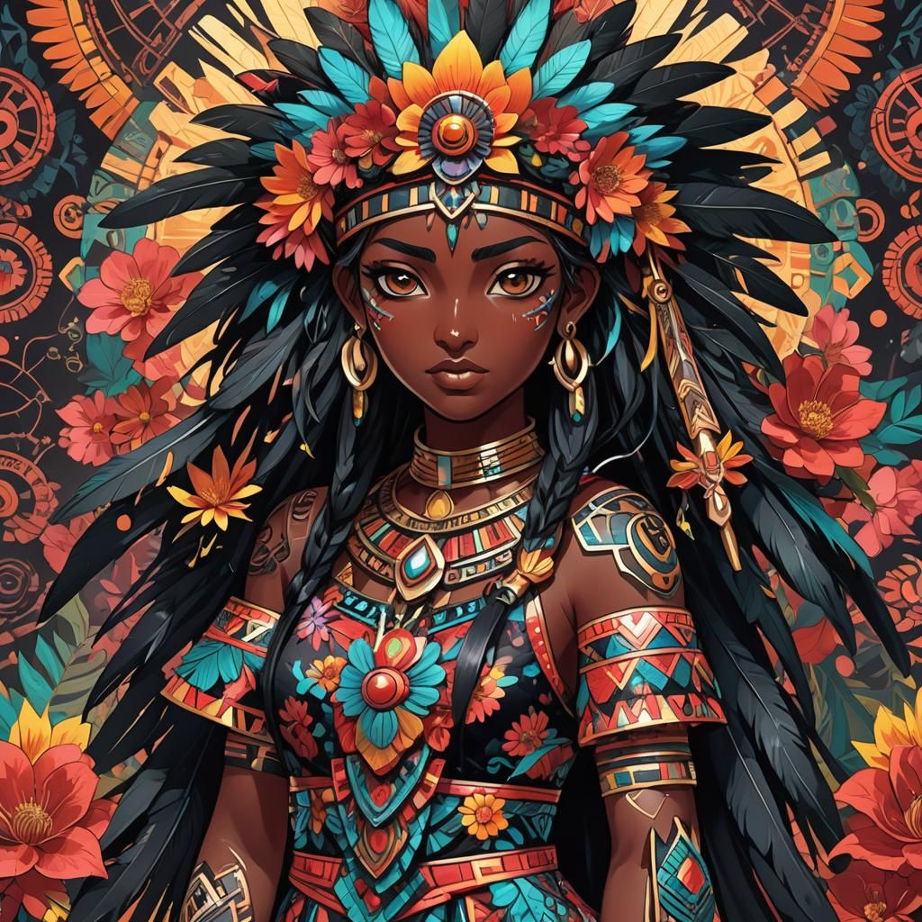 Aztec Girl with Sword in Anime Manga Style